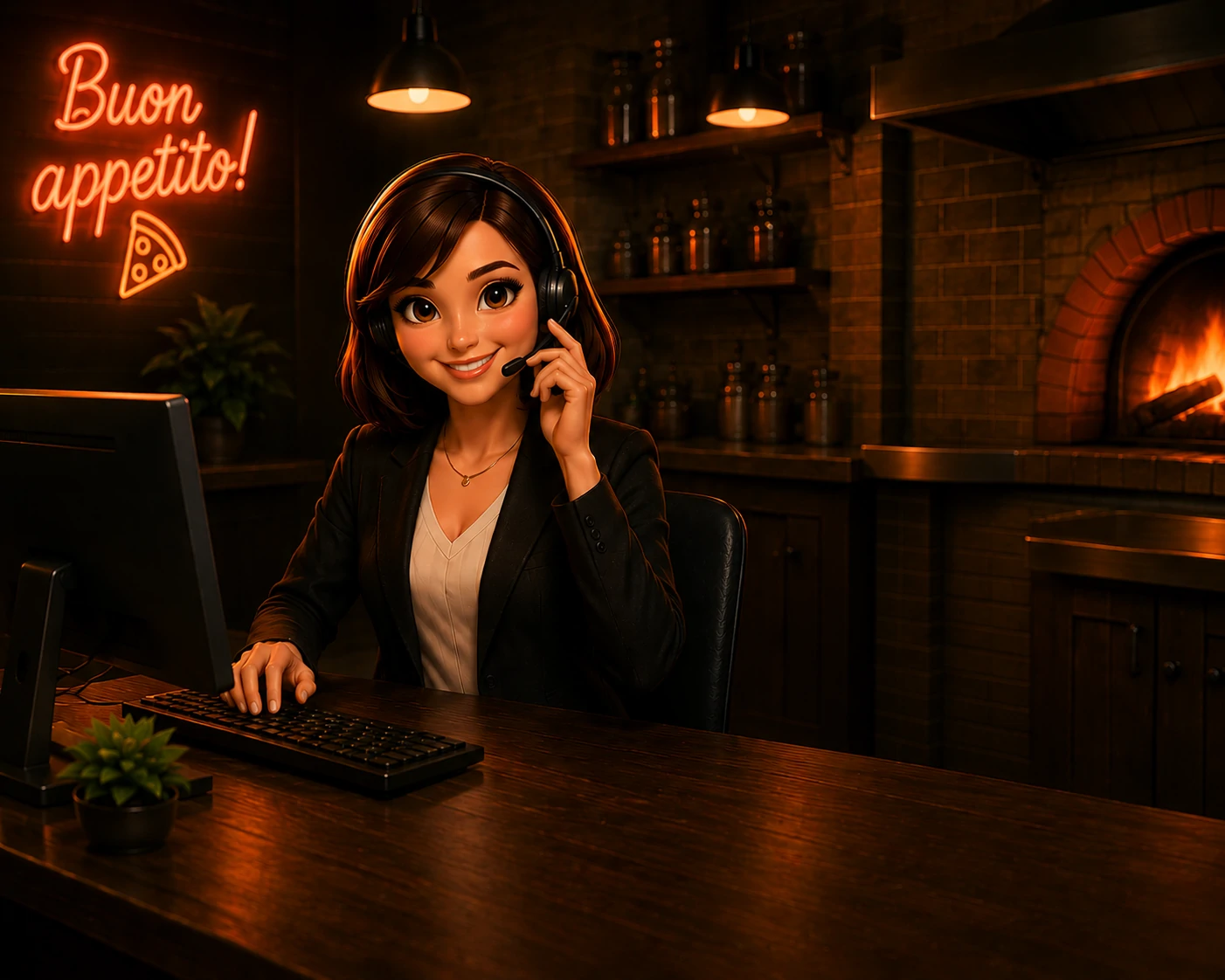Agent téléphonique PizzerIA au casque dans une pizzeria, néon Buon appetito et four à bois
