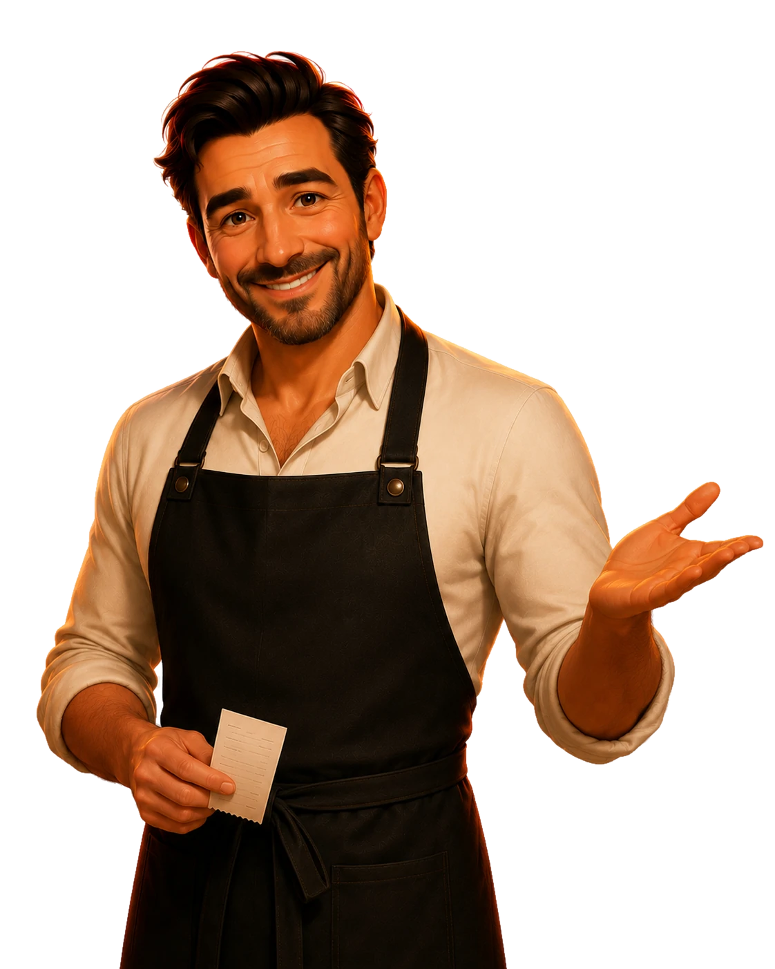Le patron de la pizzeria, accueil chaleureux